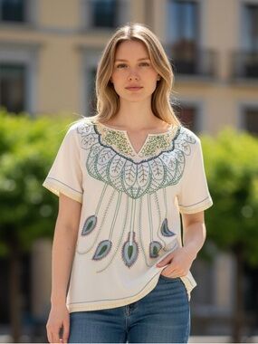 White Silky Tunic with Green, Yellow & Blue Embroidery